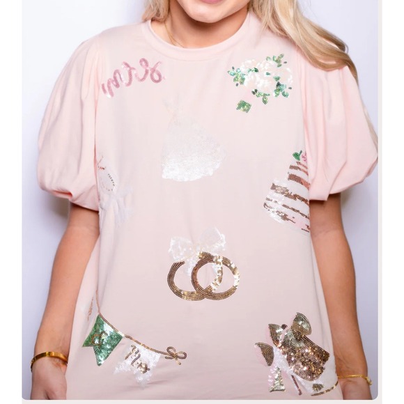 BOMB Designs Tops - BOMB Designs Pink Sequin Bridal Mrs Puff Sleeve T-Shirt Wedding Bachelorette M
